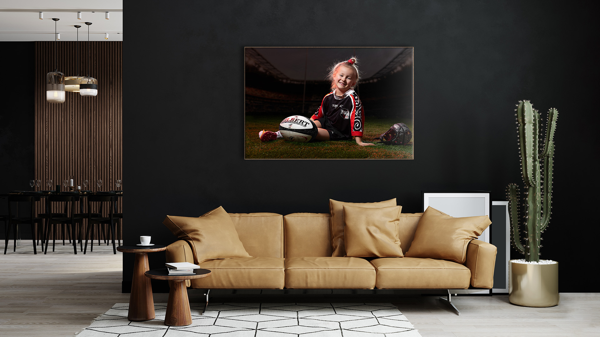 Tableau d'art d'une fille en séance photo passion rugby